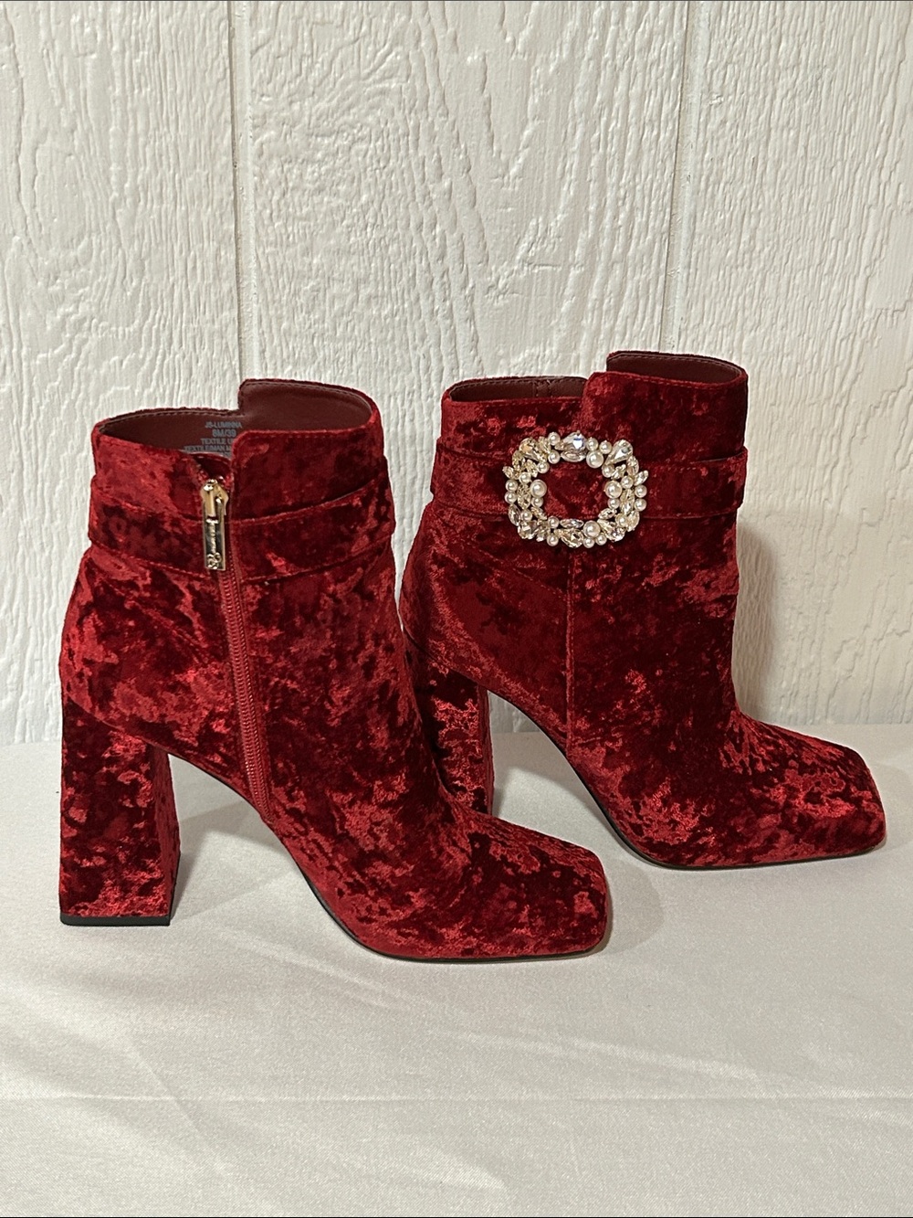 Jessica Simpson Burgundy Red Velvet Crystal Buckle Ankle Boots